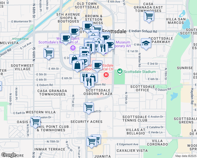 map of restaurants, bars, coffee shops, grocery stores, and more near 7300 East 4th Street in Scottsdale