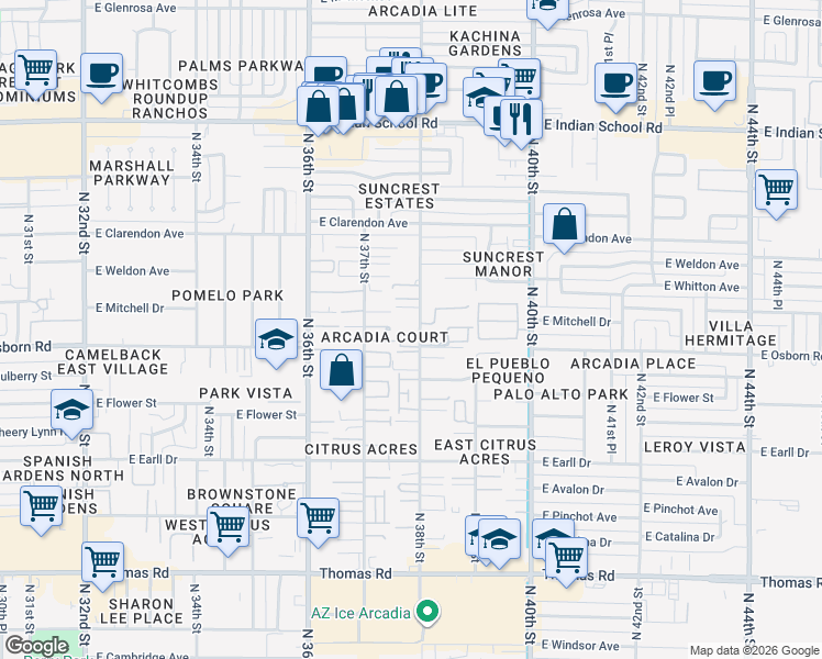 map of restaurants, bars, coffee shops, grocery stores, and more near 3428 North 38th Street in Phoenix