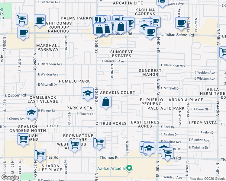 map of restaurants, bars, coffee shops, grocery stores, and more near 3432 North 37th Street in Phoenix