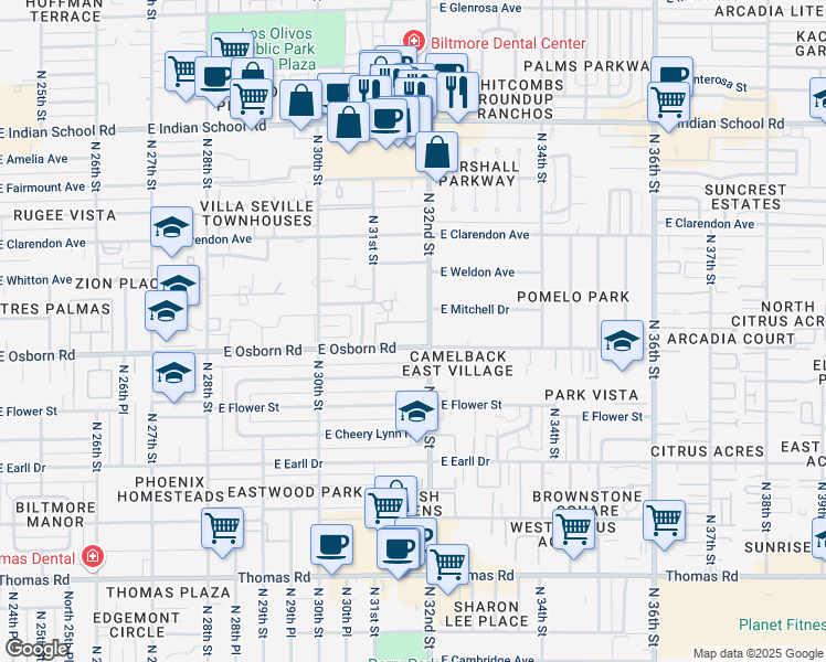 map of restaurants, bars, coffee shops, grocery stores, and more near in Phoenix
