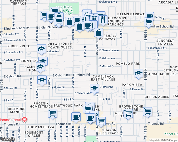 map of restaurants, bars, coffee shops, grocery stores, and more near in Phoenix