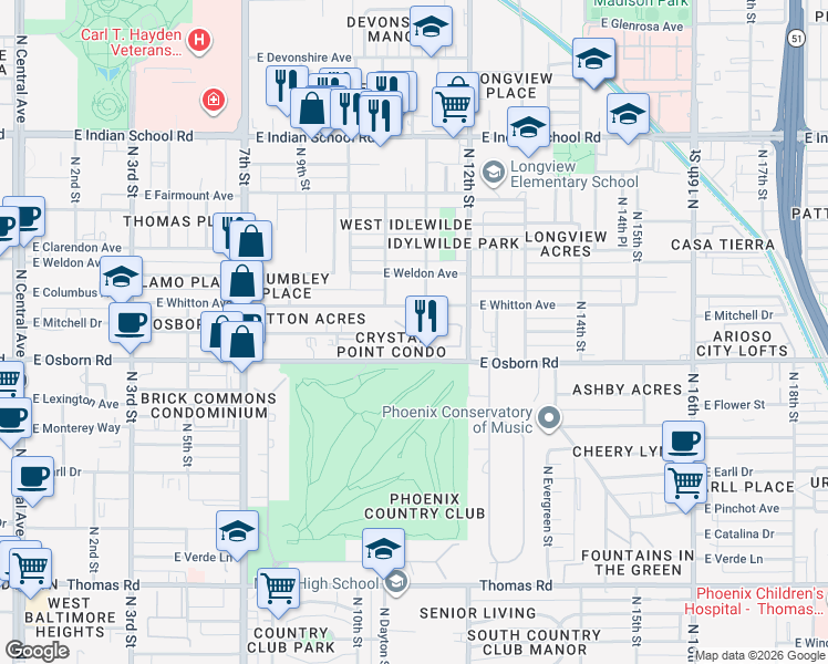 map of restaurants, bars, coffee shops, grocery stores, and more near 1053 East Whitton Avenue in Phoenix