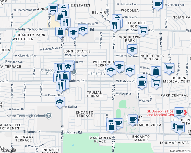 map of restaurants, bars, coffee shops, grocery stores, and more near 3432 North 16th Drive in Phoenix