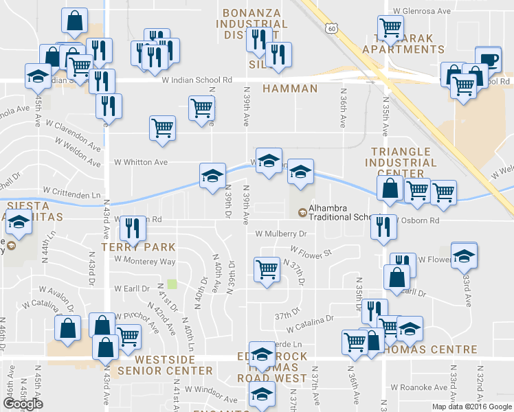 map of restaurants, bars, coffee shops, grocery stores, and more near 3841 West Mitchell Drive in Phoenix