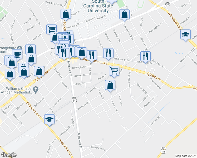 map of restaurants, bars, coffee shops, grocery stores, and more near 914 Moseley Street in Orangeburg