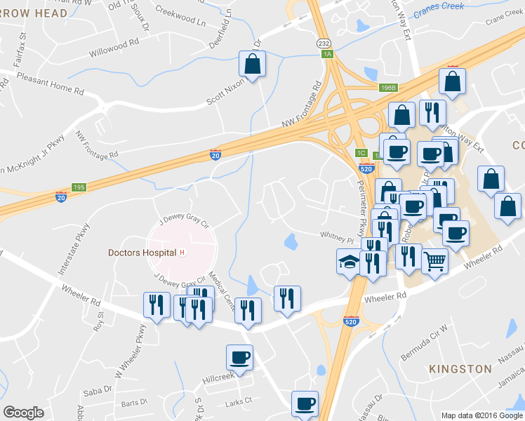 map of restaurants, bars, coffee shops, grocery stores, and more near 323 Whitney Place in Augusta