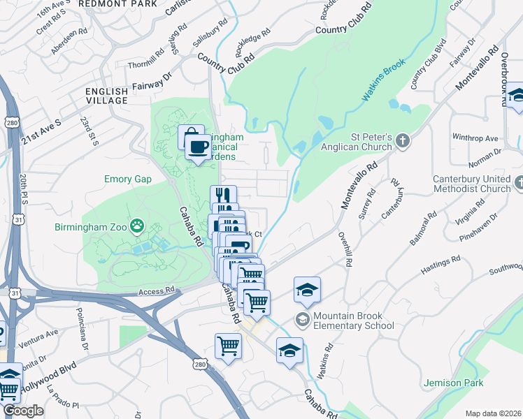 map of restaurants, bars, coffee shops, grocery stores, and more near 2600 Gerald Place in Mountain Brook
