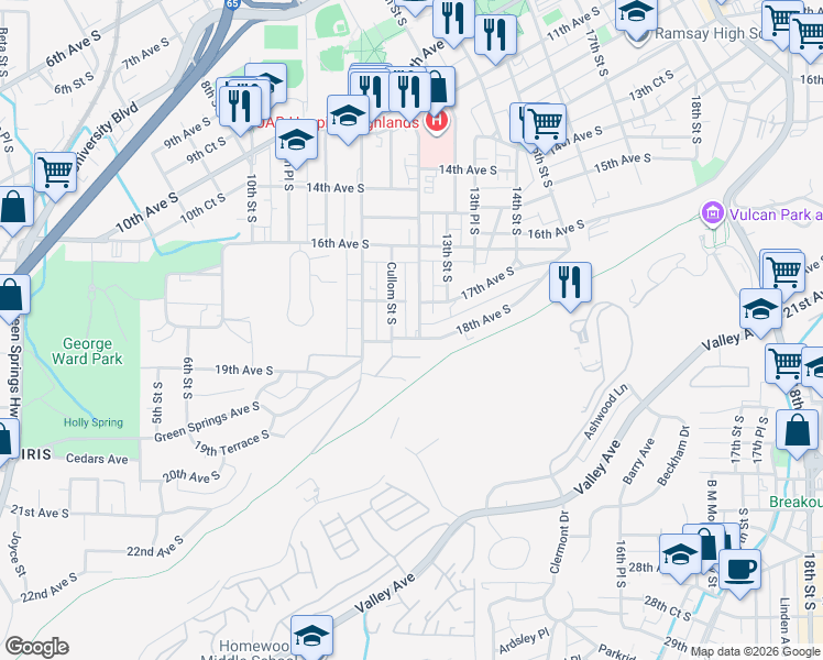 map of restaurants, bars, coffee shops, grocery stores, and more near 1705 Cullom Street South in Birmingham