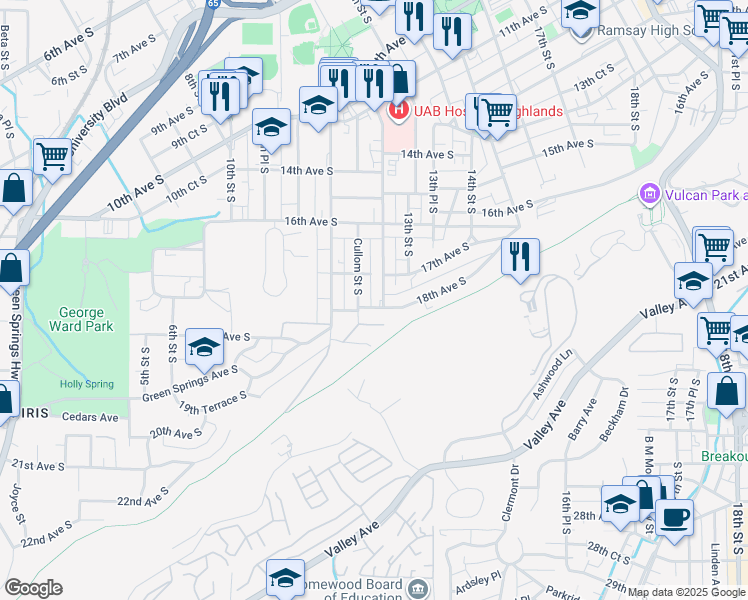 map of restaurants, bars, coffee shops, grocery stores, and more near 1705 Cullom Street South in Birmingham