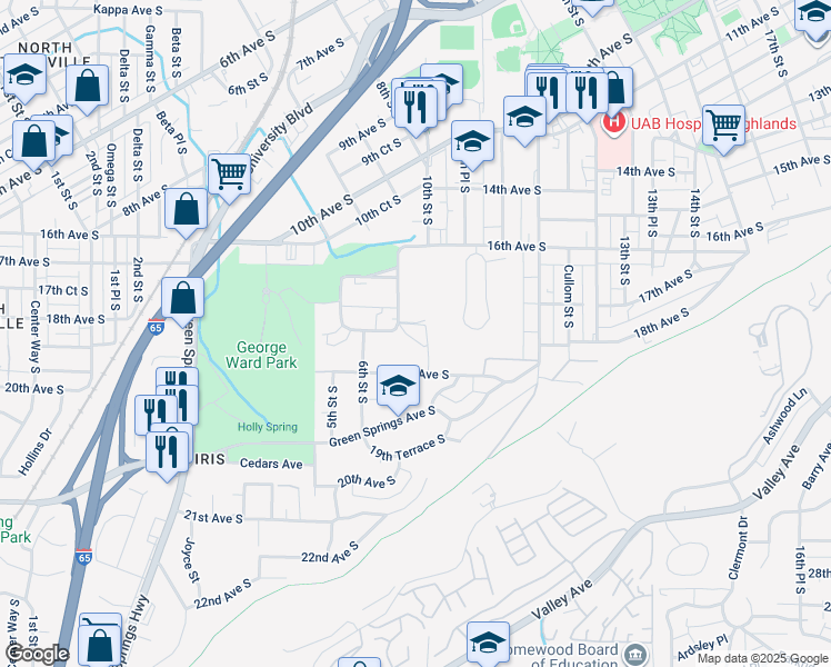 map of restaurants, bars, coffee shops, grocery stores, and more near 667 Idlewild Circle in Birmingham