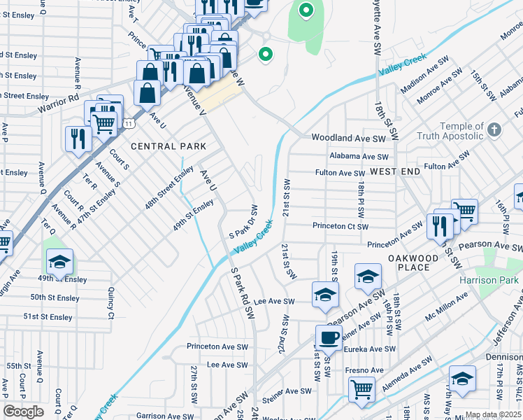 map of restaurants, bars, coffee shops, grocery stores, and more near 2213 South Park Drive Southwest in Birmingham