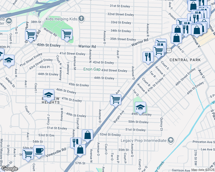 map of restaurants, bars, coffee shops, grocery stores, and more near 1441 44th Street Ensley in Birmingham