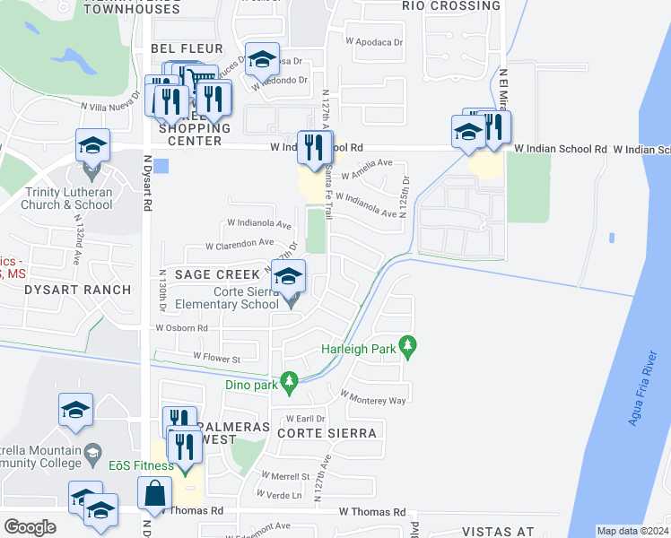 map of restaurants, bars, coffee shops, grocery stores, and more near 3410 North 126th Lane in Avondale