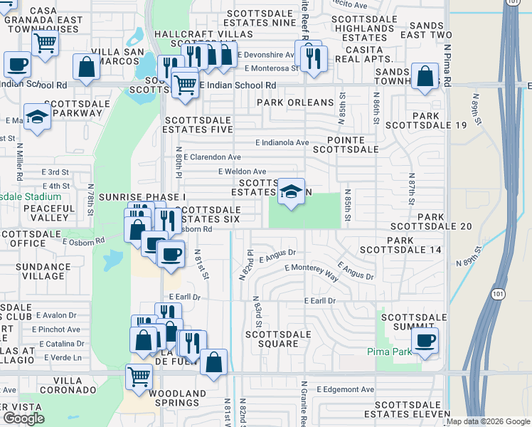 map of restaurants, bars, coffee shops, grocery stores, and more near 3514 North 83rd Street in Scottsdale