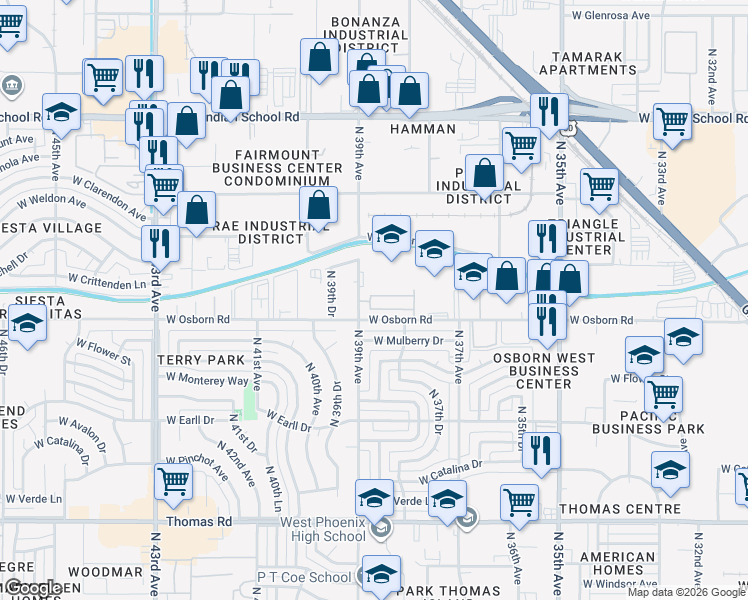map of restaurants, bars, coffee shops, grocery stores, and more near 3841 West Mitchell Drive in Phoenix