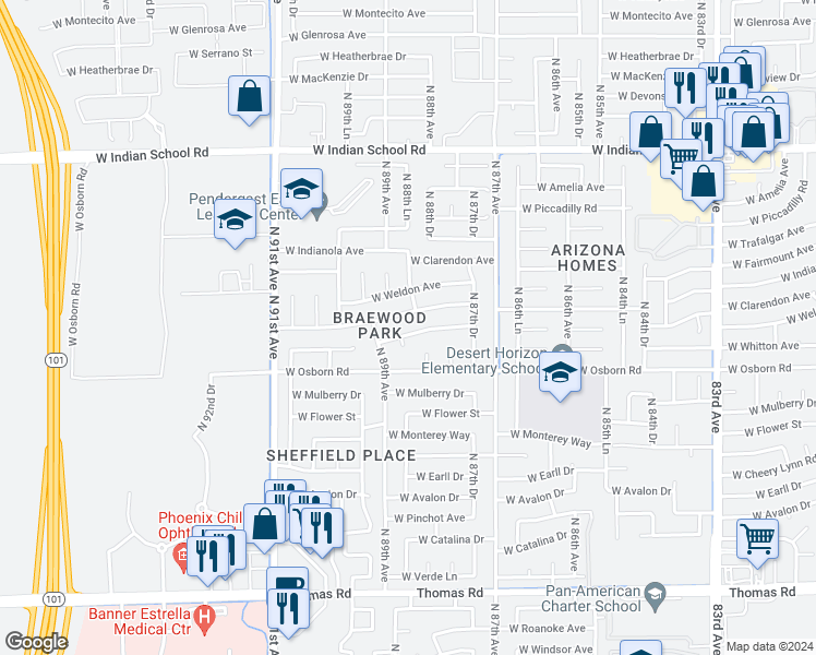 map of restaurants, bars, coffee shops, grocery stores, and more near 8828 West Whitton Avenue in Phoenix