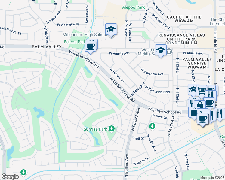 map of restaurants, bars, coffee shops, grocery stores, and more near 14812 Piccadilly Road in Goodyear