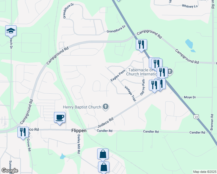 map of restaurants, bars, coffee shops, grocery stores, and more near 1241 Eagles Pass in McDonough