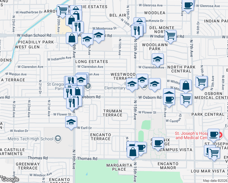 map of restaurants, bars, coffee shops, grocery stores, and more near 3432 North 16th Drive in Phoenix