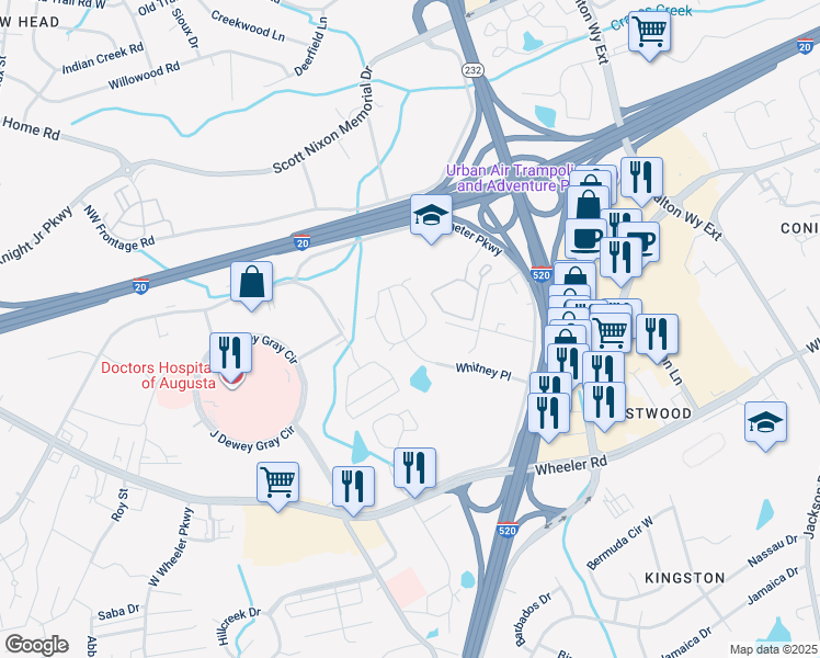 map of restaurants, bars, coffee shops, grocery stores, and more near 322 Caldwell Circle in Augusta