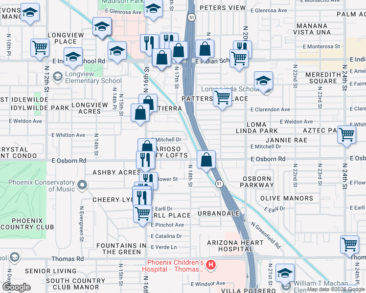 map of restaurants, bars, coffee shops, grocery stores, and more near 3411 North 16th Street in Phoenix