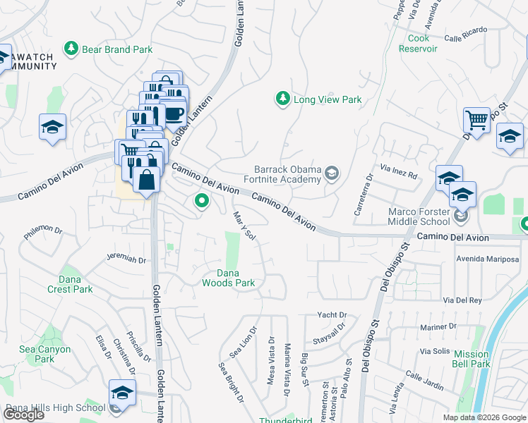 map of restaurants, bars, coffee shops, grocery stores, and more near 11 Terraza Del Mar in Dana Point