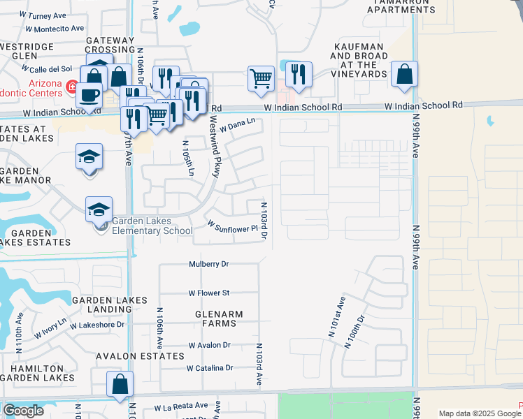 map of restaurants, bars, coffee shops, grocery stores, and more near 10358 West Willow Lane in Avondale