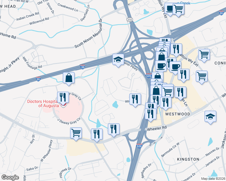 map of restaurants, bars, coffee shops, grocery stores, and more near 320 Caldwell Circle in Augusta