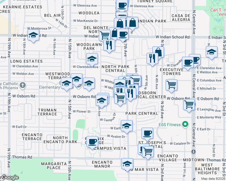 map of restaurants, bars, coffee shops, grocery stores, and more near 811 West Whitton Avenue in Phoenix