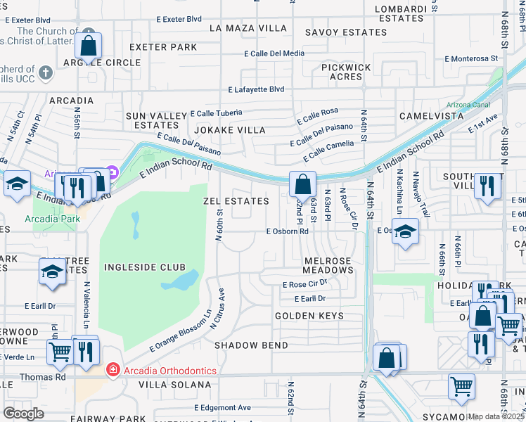 map of restaurants, bars, coffee shops, grocery stores, and more near 6125 East Indian School Road in Phoenix