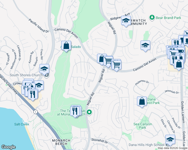 map of restaurants, bars, coffee shops, grocery stores, and more near in MONARCH BAY
