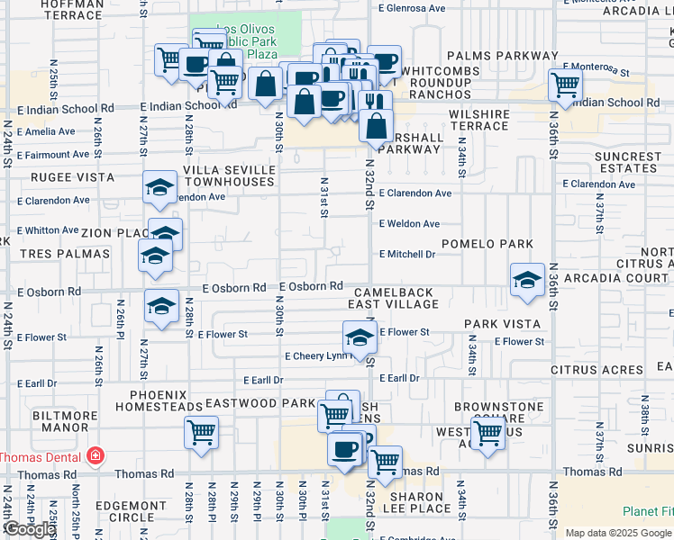 map of restaurants, bars, coffee shops, grocery stores, and more near in Phoenix