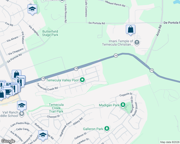 map of restaurants, bars, coffee shops, grocery stores, and more near 34029 Tuscan Creek Way in Temecula