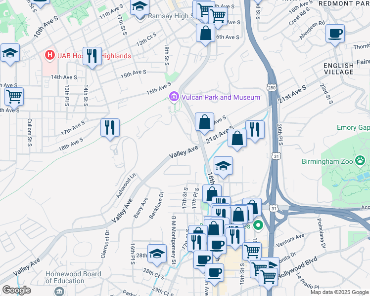 map of restaurants, bars, coffee shops, grocery stores, and more near 1776 Valley Avenue in Birmingham