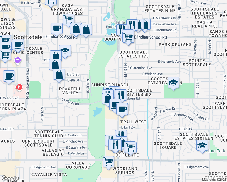 map of restaurants, bars, coffee shops, grocery stores, and more near 8001 East Whitton Avenue in Scottsdale