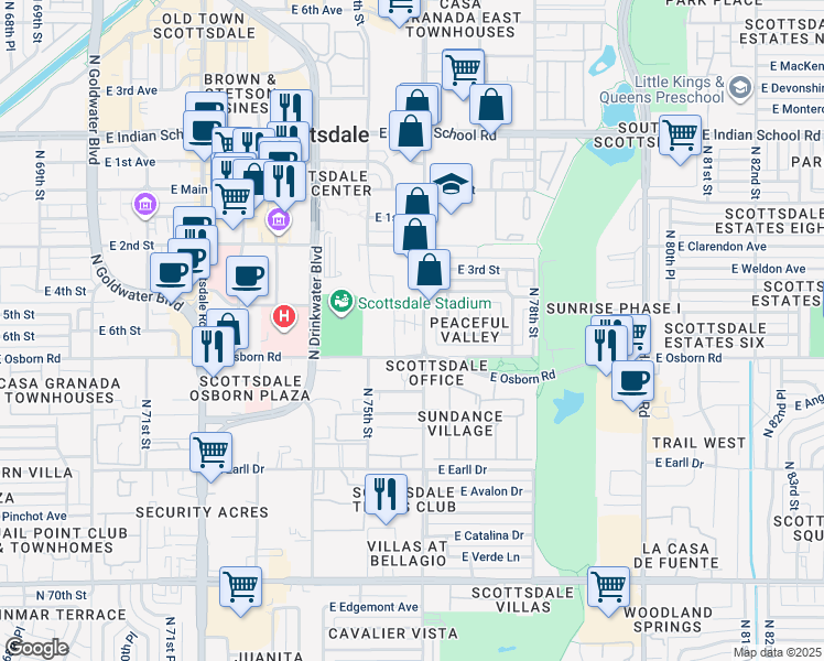 map of restaurants, bars, coffee shops, grocery stores, and more near 3524 North Miller Road in Scottsdale