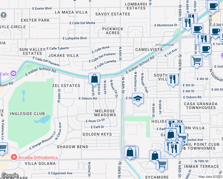 map of restaurants, bars, coffee shops, grocery stores, and more near 3508 North Rose Circle Drive in Scottsdale