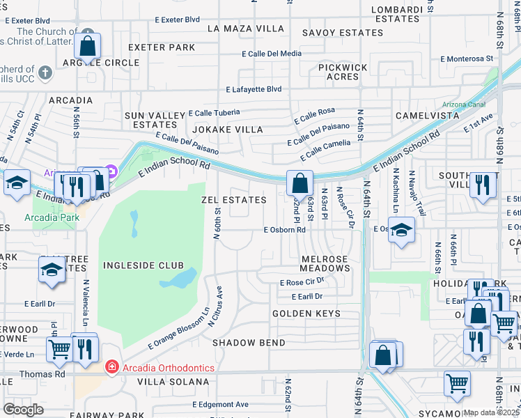 map of restaurants, bars, coffee shops, grocery stores, and more near 6125 East Indian School Road in Phoenix