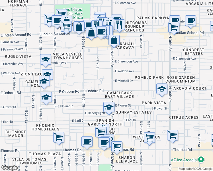 map of restaurants, bars, coffee shops, grocery stores, and more near in Phoenix