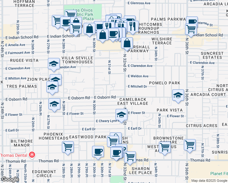 map of restaurants, bars, coffee shops, grocery stores, and more near in Phoenix