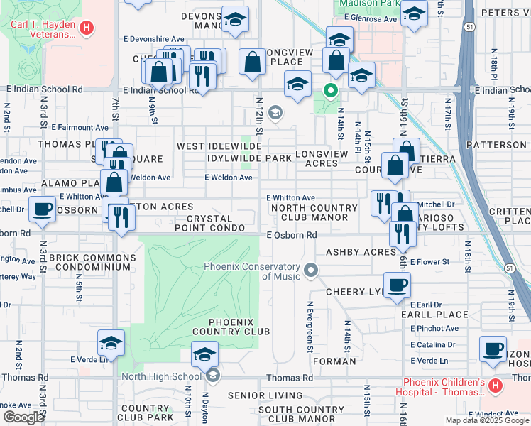 map of restaurants, bars, coffee shops, grocery stores, and more near 3515 North 12th Street in Phoenix