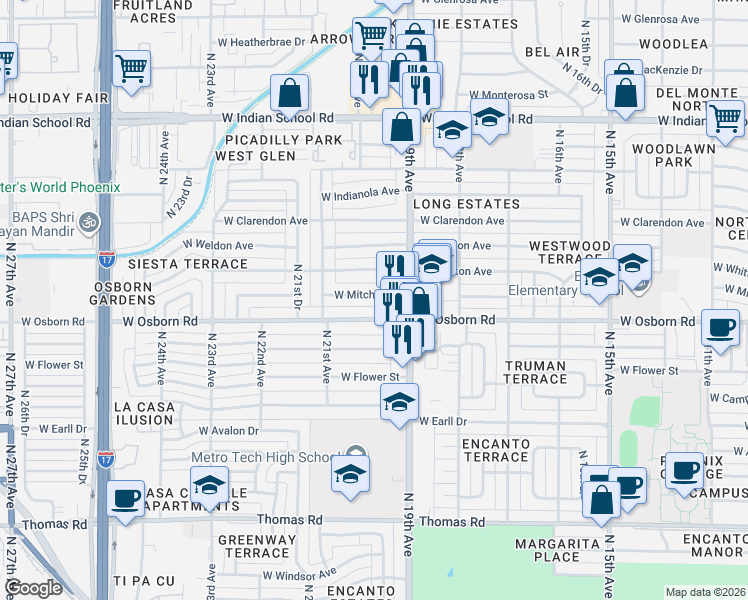 map of restaurants, bars, coffee shops, grocery stores, and more near 1924 West Mitchell Drive in Phoenix