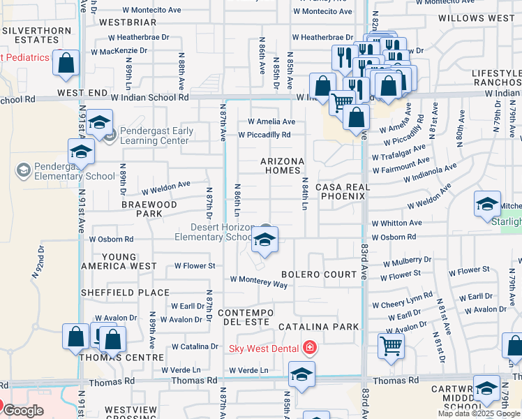 map of restaurants, bars, coffee shops, grocery stores, and more near 8521 West Columbus Avenue in Phoenix