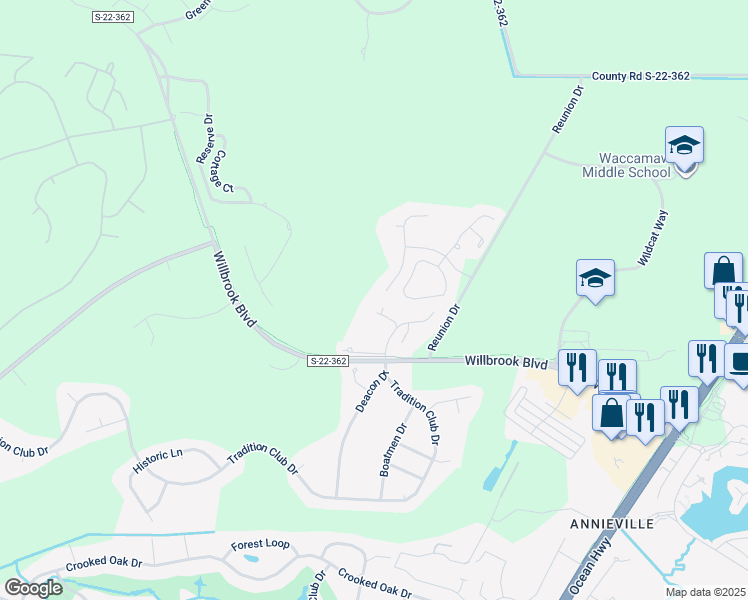 map of restaurants, bars, coffee shops, grocery stores, and more near 246 Society Lane in Pawleys Island