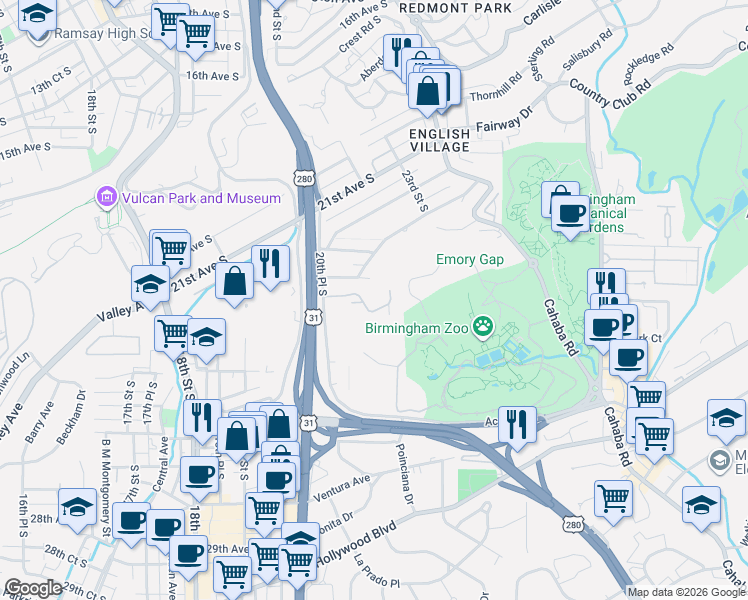 map of restaurants, bars, coffee shops, grocery stores, and more near 2071 23rd Avenue South in Birmingham