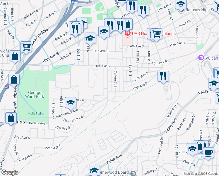 map of restaurants, bars, coffee shops, grocery stores, and more near 1708 11th Place South in Birmingham