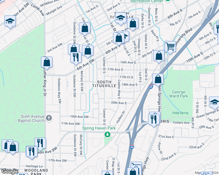 map of restaurants, bars, coffee shops, grocery stores, and more near 1753 Center Street South in Birmingham
