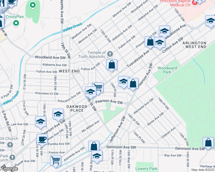 map of restaurants, bars, coffee shops, grocery stores, and more near 1624 Tuscaloosa Avenue in Birmingham