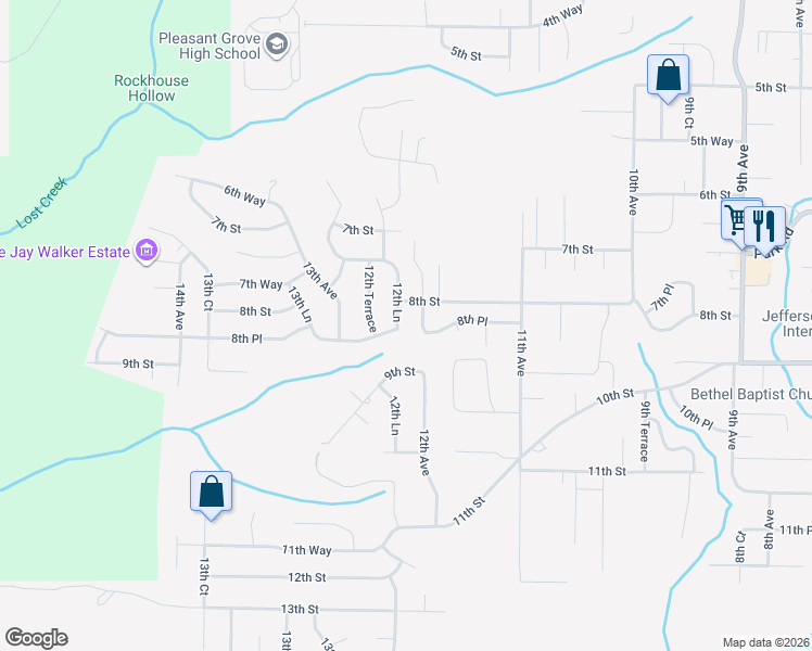 map of restaurants, bars, coffee shops, grocery stores, and more near 804 12th Lane in Pleasant Grove