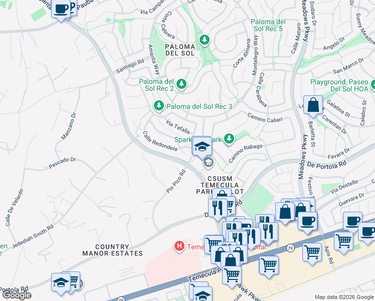 map of restaurants, bars, coffee shops, grocery stores, and more near 32000 Corte Sagunto in Temecula